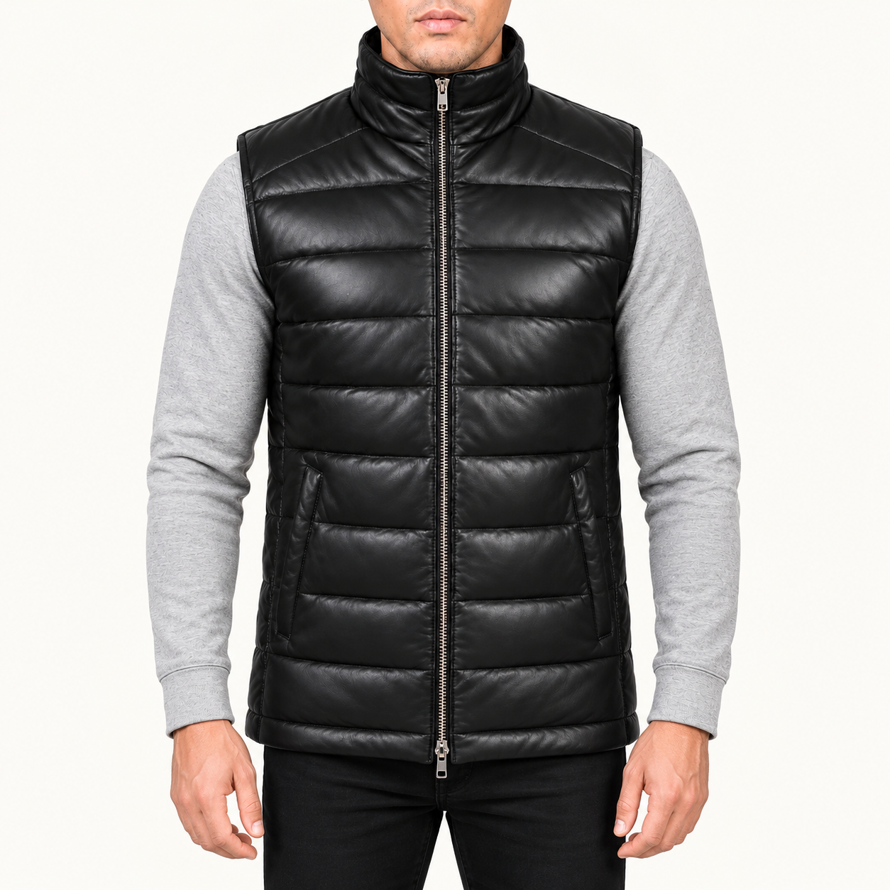 Men's Black Quilted Leather Puffer Vest – Sleeveless Zip-Up Gilet Gallery